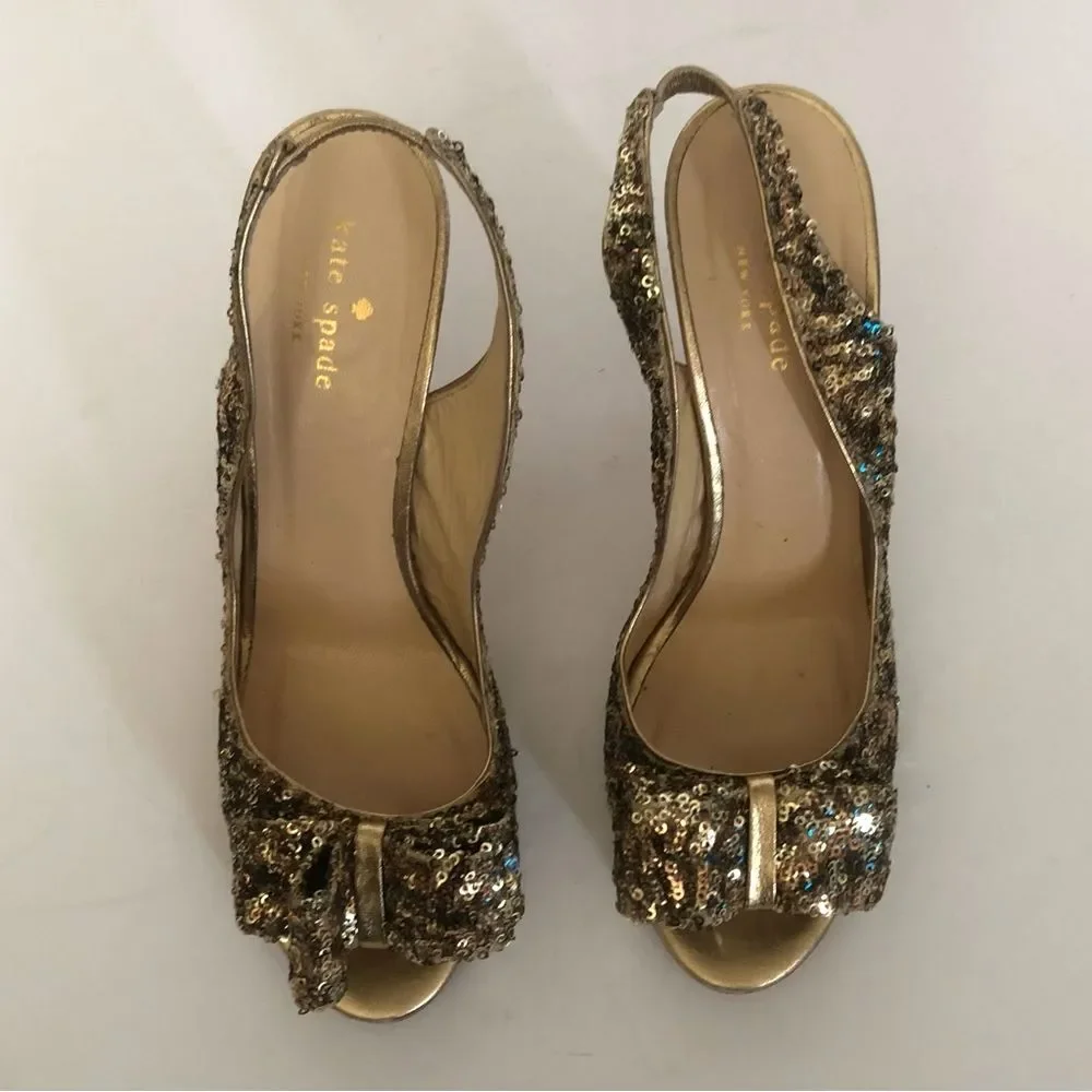 Kate Spade Sequin Animal Print Bow Slingback Heels Size 8 Sparkly Girly Party